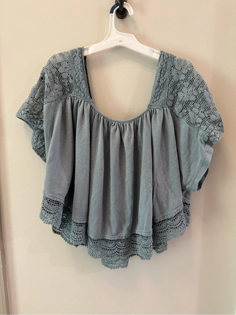 Free People Prairie Days Blue Boho Embroidered Pullover Top